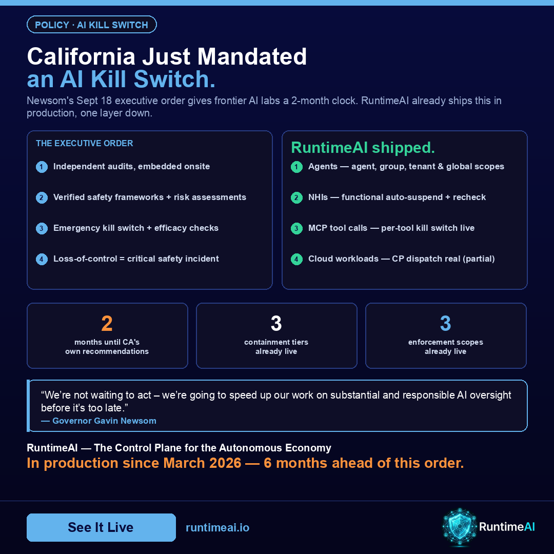 California Executive Order mandates an AI kill switch for frontier AI models — RuntimeAI already enforces one for agents, NHIs, and MCP tool calls