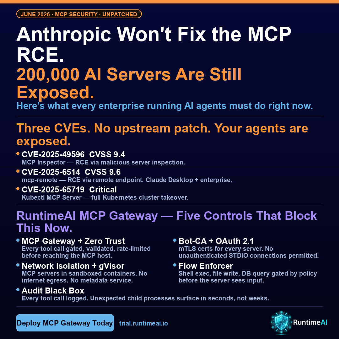 MCP RCE vulnerability — 200,000 AI servers exposed — Anthropic declines to patch