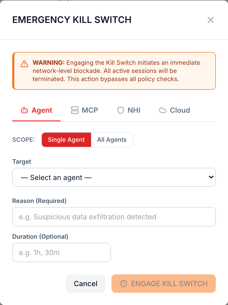RuntimeAI Kill Switch console — single-agent or fleet-wide emergency stop with a confirmation modal and a signed, immutable audit trail. Reversible from the same dialog.