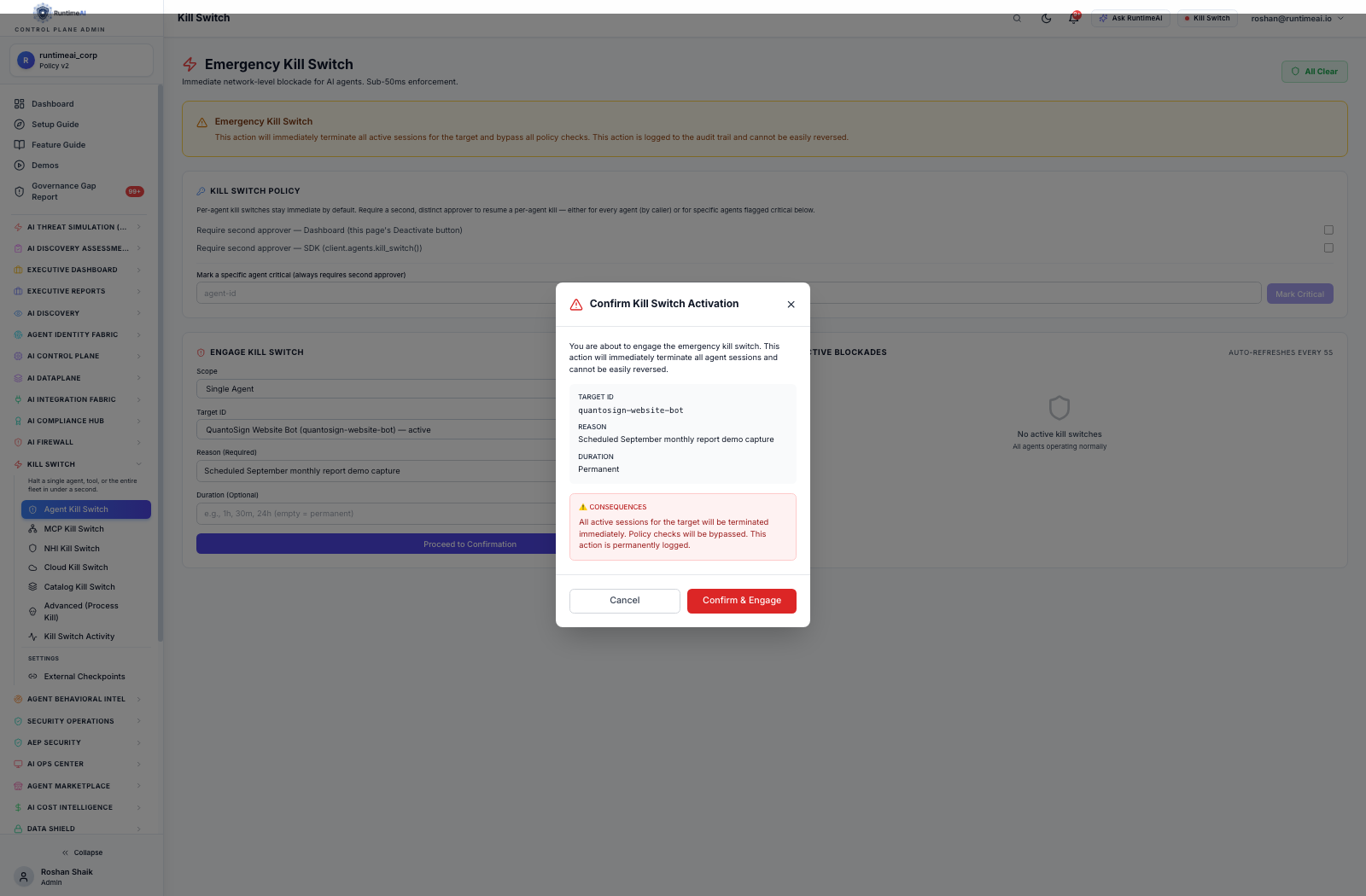 Kill Switch typed confirmation dialog