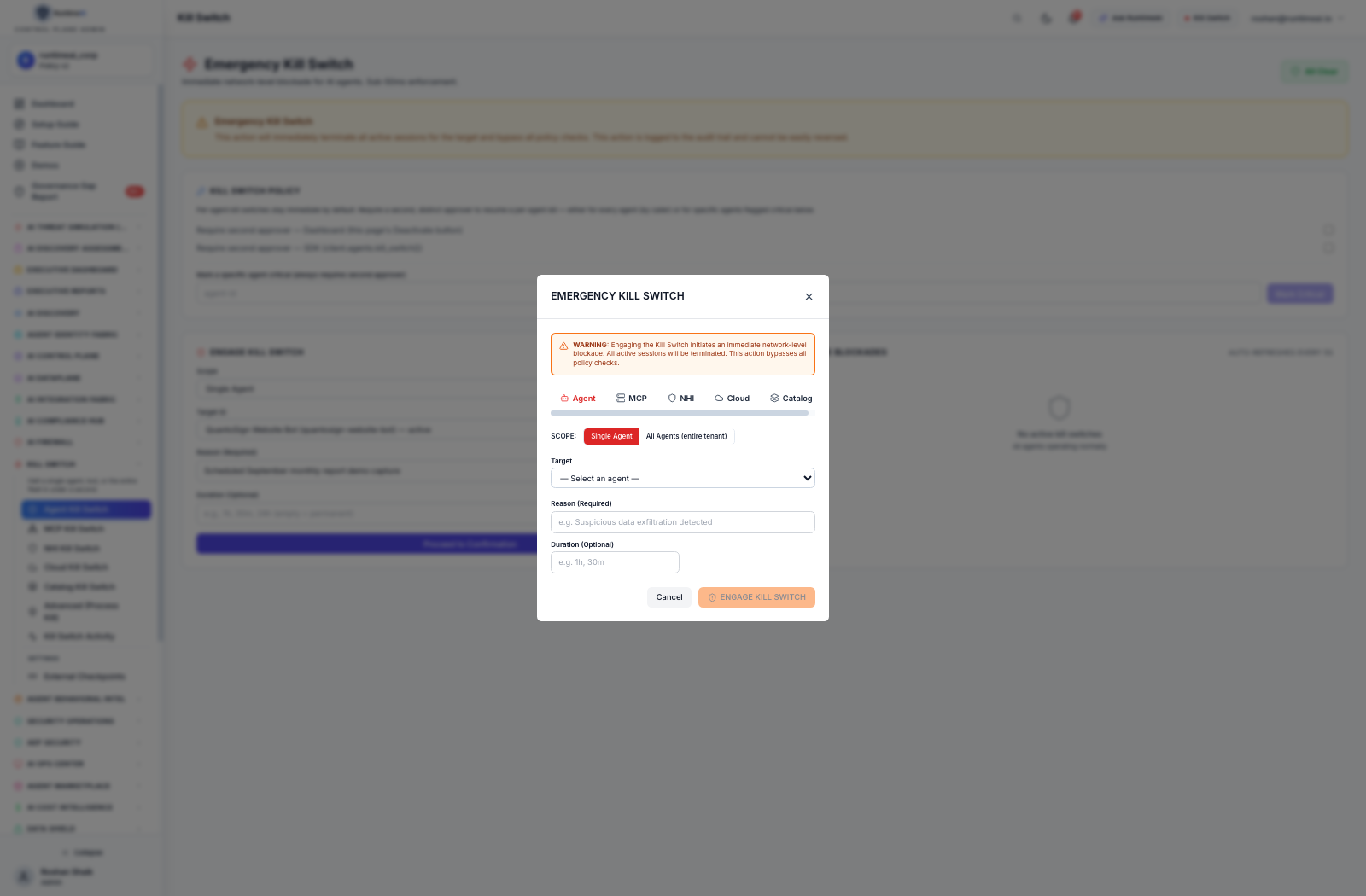Kill Switch global quick-fire modal
