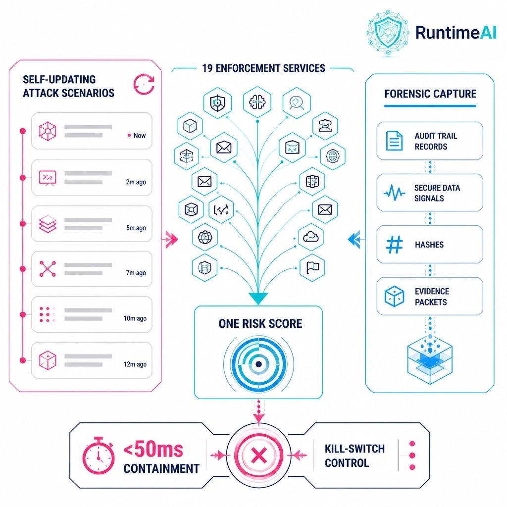 RuntimeAI's autonomous red team pipeline: self-updating attack scenarios feeding 19 enforcement services into one risk score, forensic capture, and a sub-50ms kill switch.